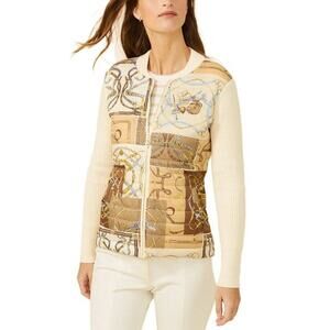J. McLaughlin Andi Jacket NEW Equestrian Motif Tan Cream Quilted Front Sweater S